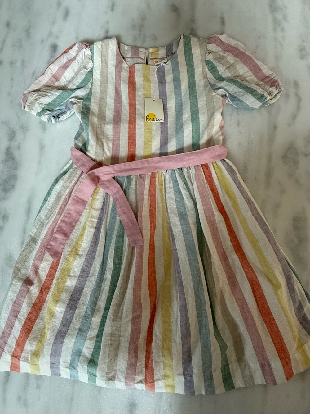 Mini Boden Pastel Multicolor Stripe Puff-Sleeve Dress with Pink Tie